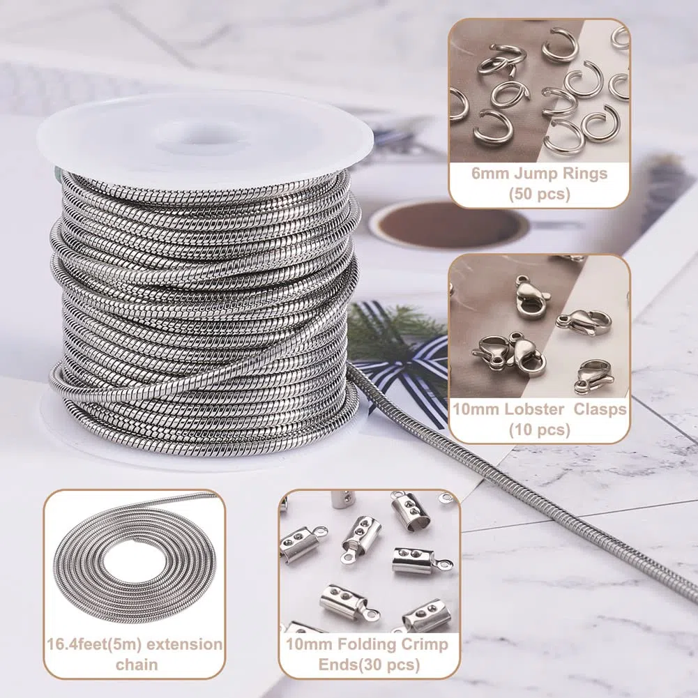 Craftdady 5M Catena in Acciaio Inox Rotonda a Serpente con Anello a Molla Moschettone e Gemme per Catene Fai Da Te Kit per Realizzare Collane Gioielleria per Uomini Donne