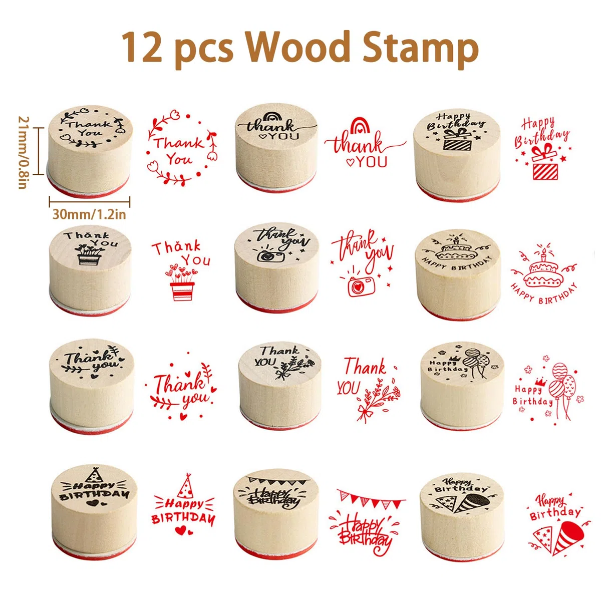 12 Pezzi Timbri in Legno, Timbri Grazie e Buon Compleanno, Timbri in Gomma per Realizzazione Biglietti, Scrapbooking, Regalo per Insegnanti, Fai da Te