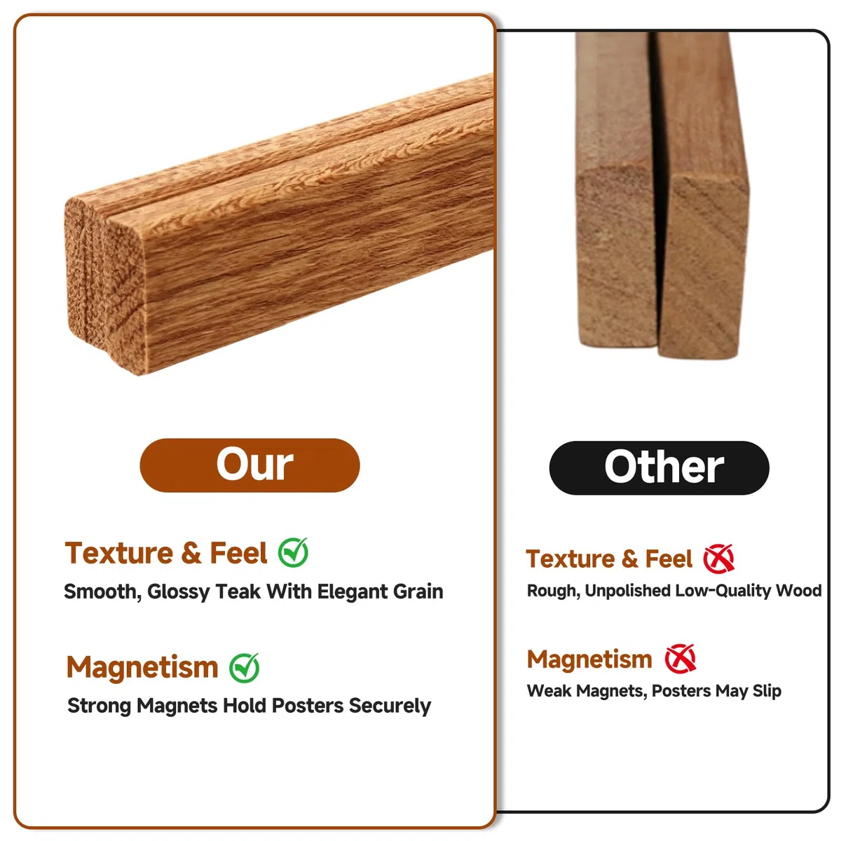 Supporti Magnetici per Poster A3 31 cm, 3 Set (12 Barre), Cornici in Legno di Teak, Porta Poster, Foto, Stampe e Opere d’Arte, Facili da Appendere, Ideali per Soggiorno, Camera, Ufficio (3 set - 31cm)