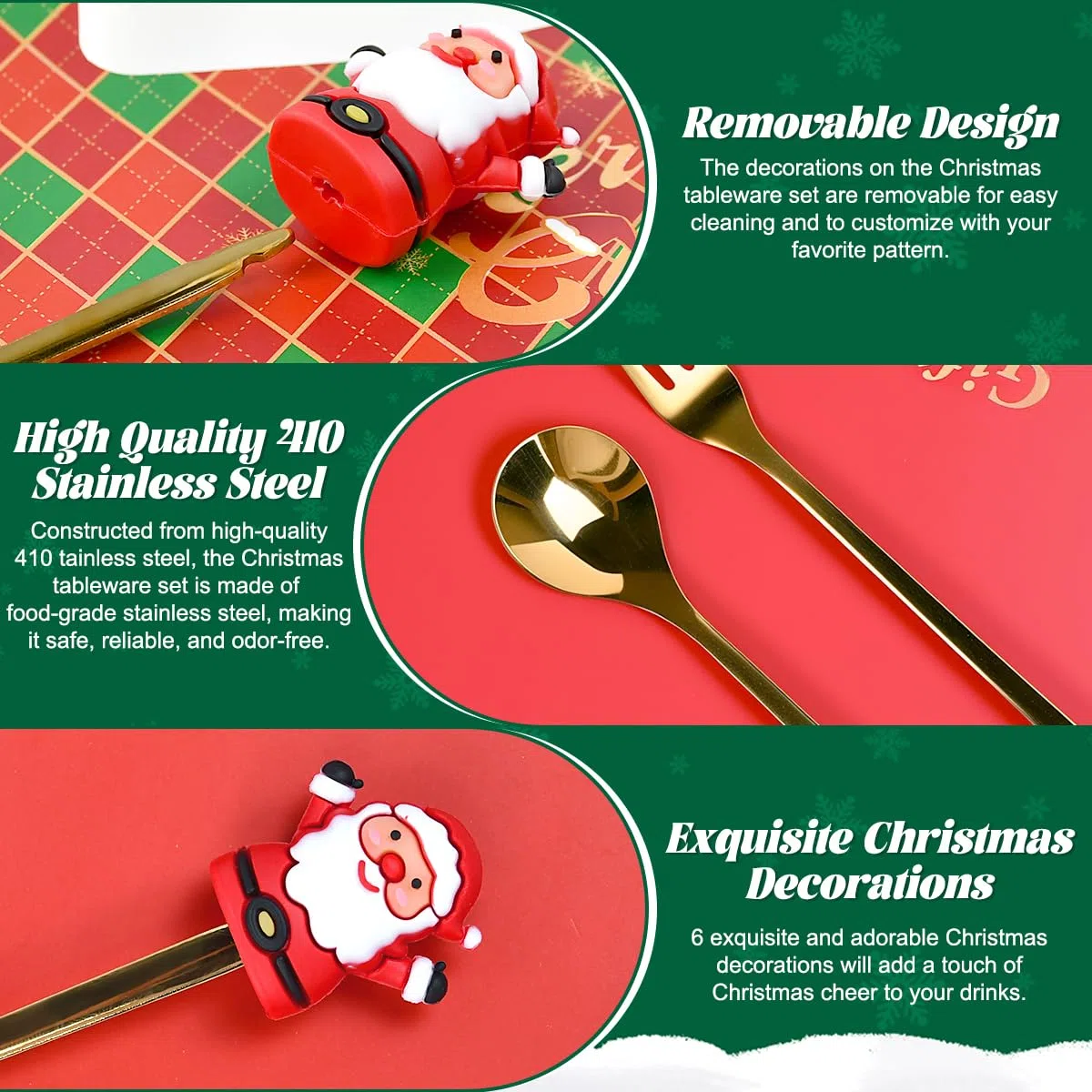 Set Posate Natalizie in Acciaio Inox da 6 Pz, Cucchiaio e Forchetta Natalizi, Cucchiaini da Tè e Caffè con Simpatica Decorazione 3D, Cucchiaino Natale per Dessert Regalo per Festa Compleanno