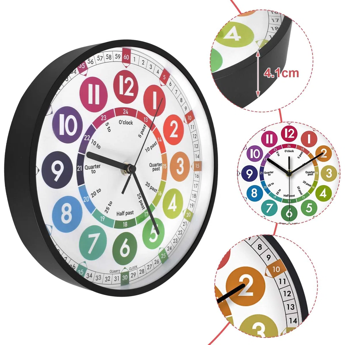 Orologio da parete per bambini di apprendimento silenzioso orologio da parete bambino educativo grandi numeri colorati facile da leggere per scuola classe camera da letto bambini, 10 pollici