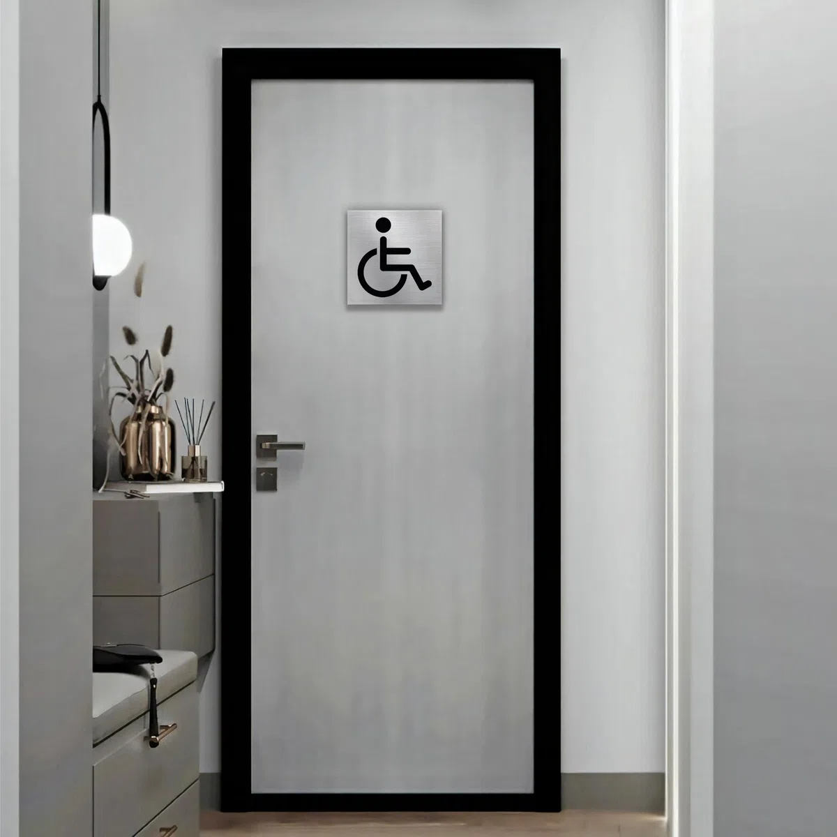 Stileitaliano Targhetta bagno Donne Uomini Disabili adesiva Targa Porta Toilette WC adesivo donna uomo targhette metallo targhe 3 pezzi 10cm (Alluminio Spazzolato)