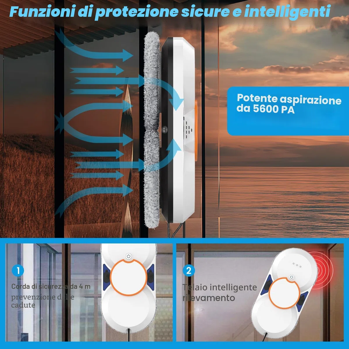 IERAKOR Robot Lavavetri, 5600Pa Robot Lavavetri Finestre con Doppio Sistema di Spruzzo, 3 Modalità Pulizia, Telecomando, Navigazione Intelligente, Rilevamento dei Bordi, Protezione Anticaduta＆8 Panni