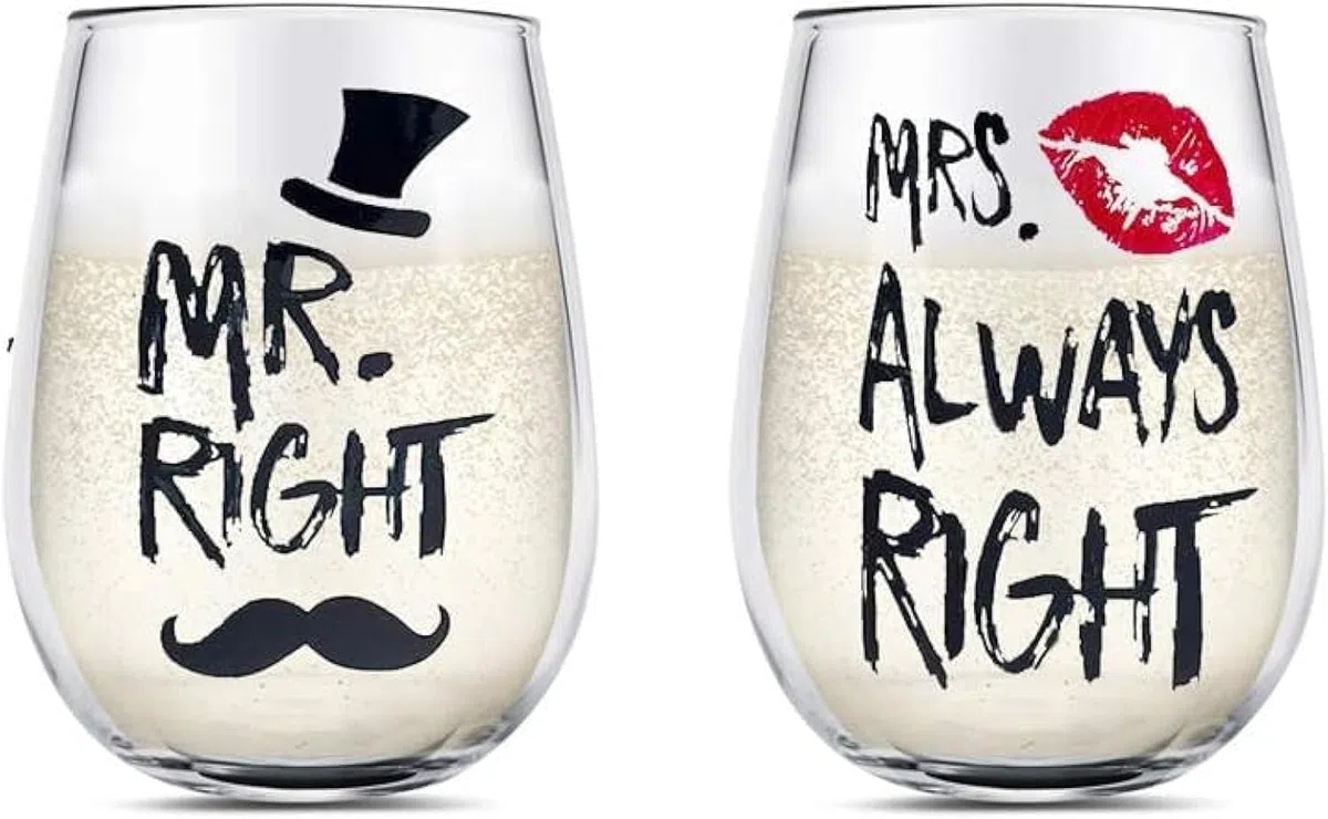 Mr Right e Mrs Always Right bicchieri da vino per coppie, regalo di coppia, regali di nozze per la sposa e lo sposo, regalo di fidanzamento, set di bicchieri da vino senza stelo