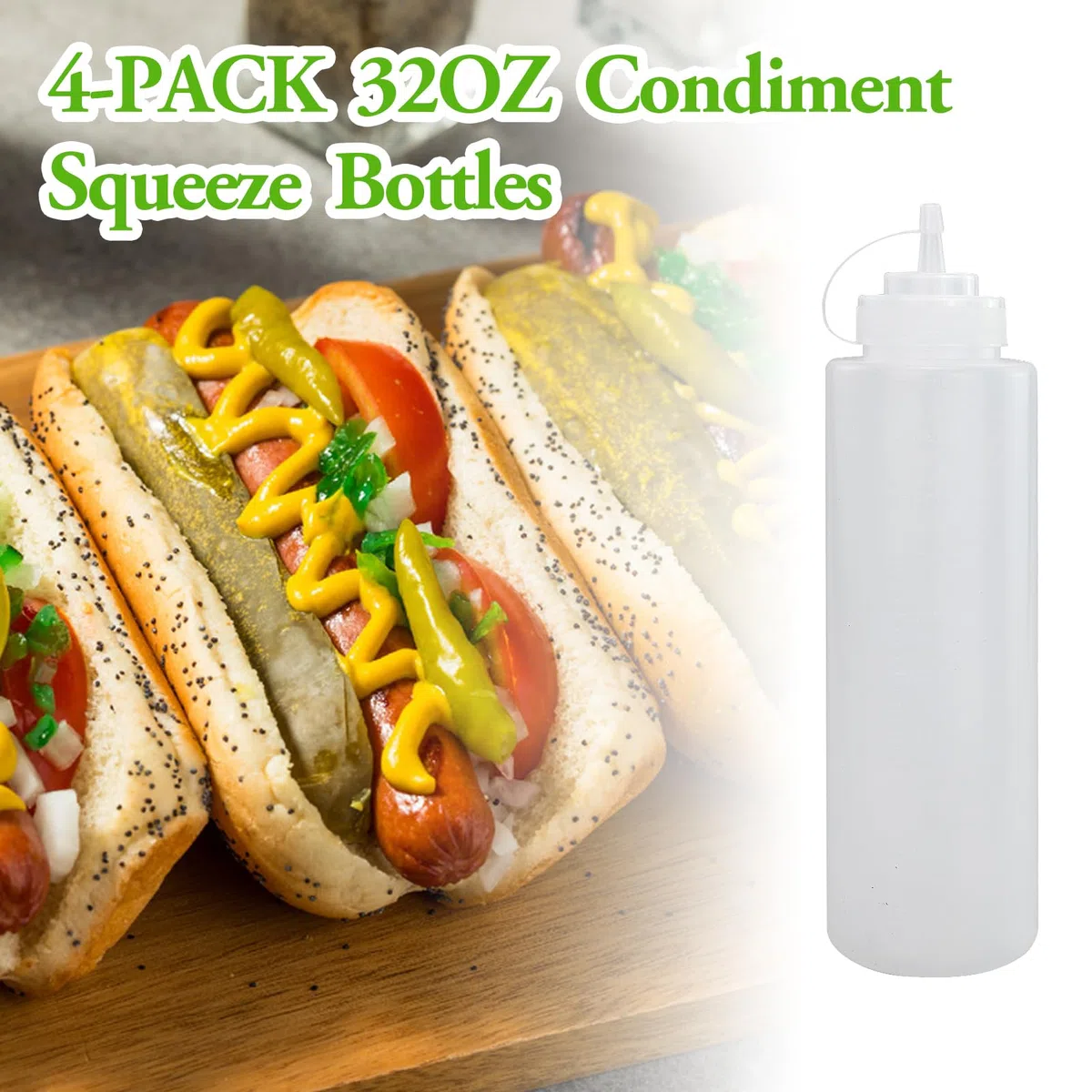 4 Pezzi Biberon Cucina Professionale 1000ml, Squeeze Bottle 32oz, Trasparente Biberon da Cucina, Ottiglia Squeeze di Plastica con 1 Pennello di Pulizia e 10 Adesivi per Ketchup Olio D'Oliva