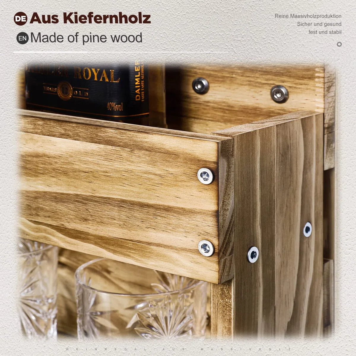 Yorbay Portabottiglie a Parete con 4 Dispenser Bevande, Supporto in Vetro, Porta Bottiglie da Vino, Porta Calice, Scaffale di Esposizione di Stoccaggio del Vino in Legno Rustic