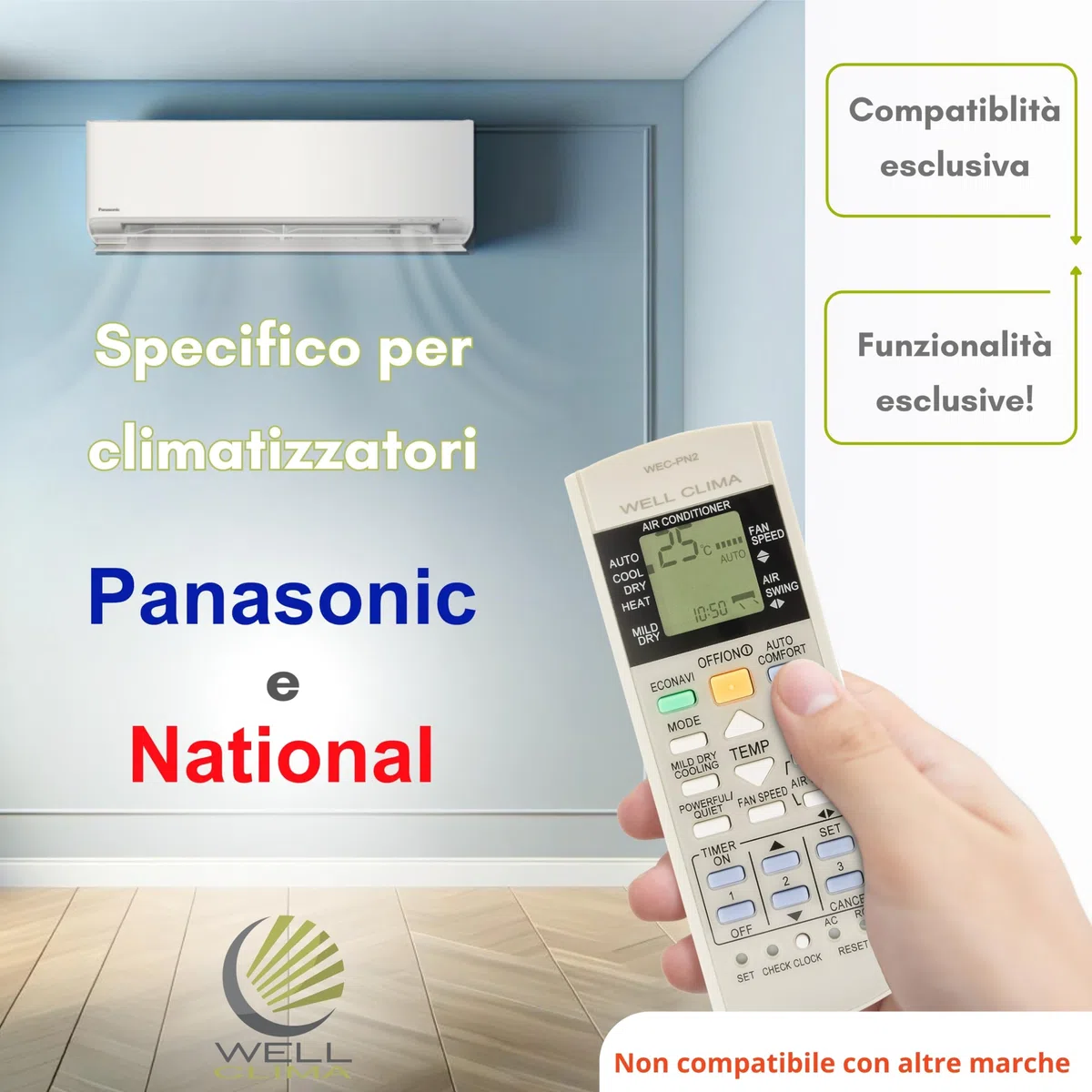 Wellclima Telecomando Universale specifico per Condizionatore Panasonic National, Compatibilità Totale Climatizzatore Pompa di Calore Inverter, Istruzioni Multilingua, Pronto all’Uso in pochi secondi