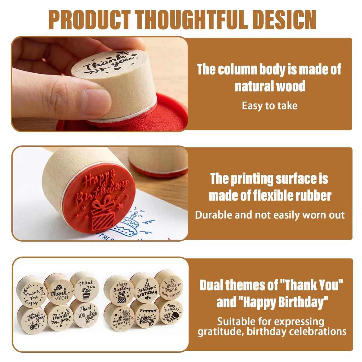 12 Pezzi Timbri in Legno, Timbri Grazie e Buon Compleanno, Timbri in Gomma per Realizzazione Biglietti, Scrapbooking, Regalo per Insegnanti, Fai da Te