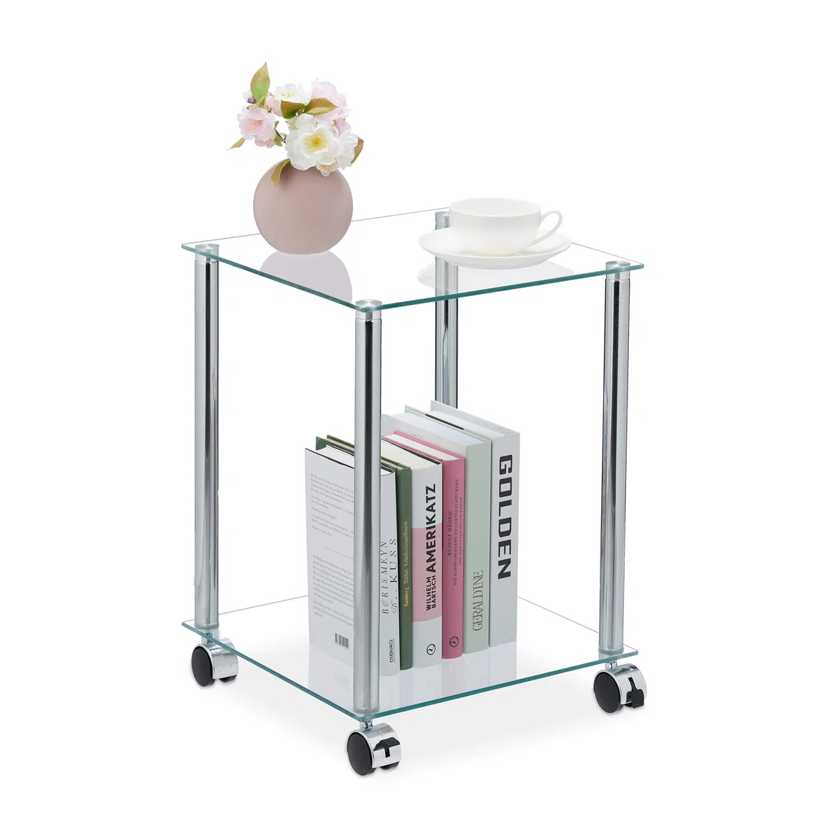 Relaxdays Tavolino con Ruote, 2 Ripiani, Quadrato, per Salotto, Vetro e Acciaio, Tavolo da Divano, Trasparente Argentato