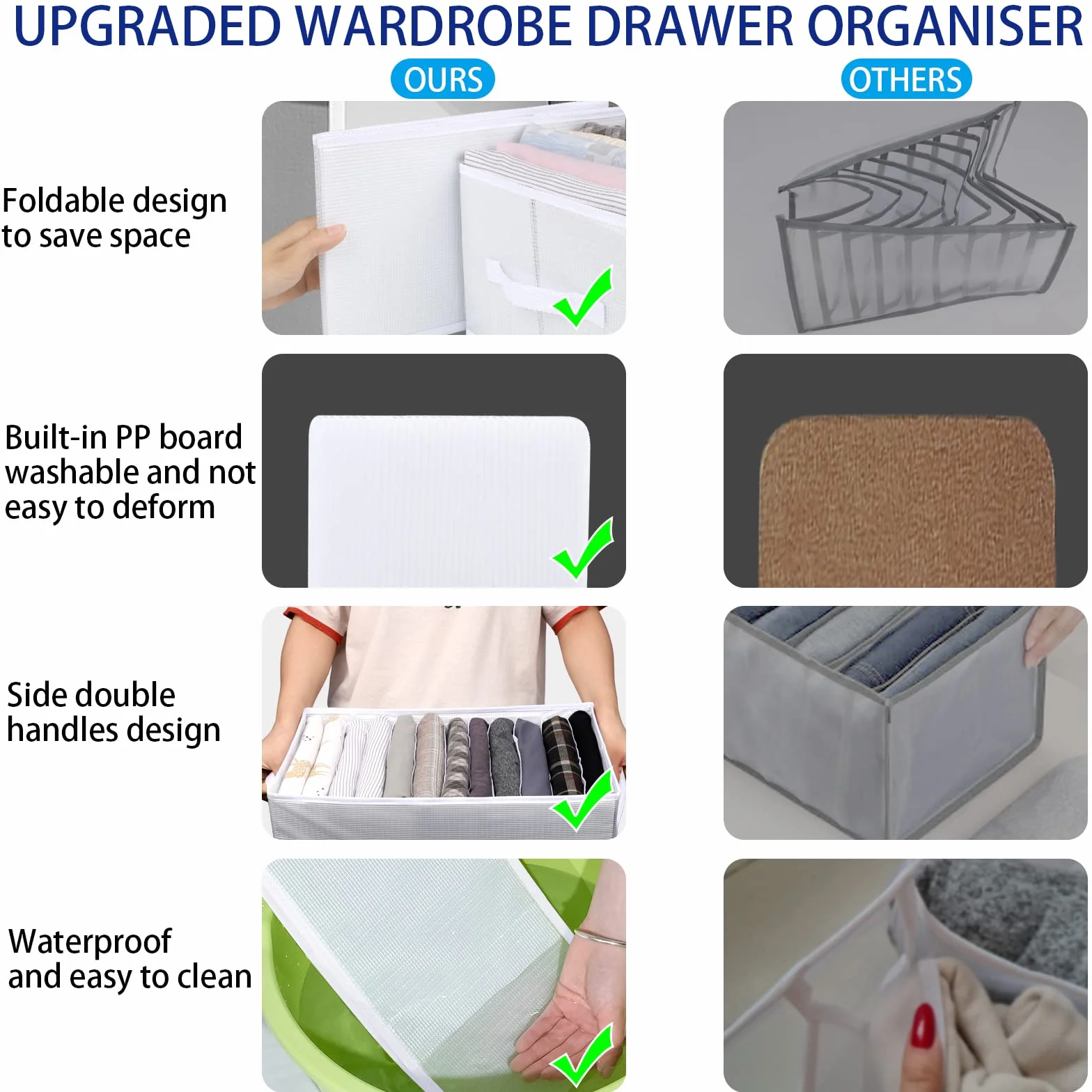 Organizer Cassetti Armadio, 12 Griglie Divisori Cassetti Organizer er Jeans Scatola, 2PCS Pieghevole Scatole Portaoggetti Per Magliette, Pantaloncini, Bianco Neve