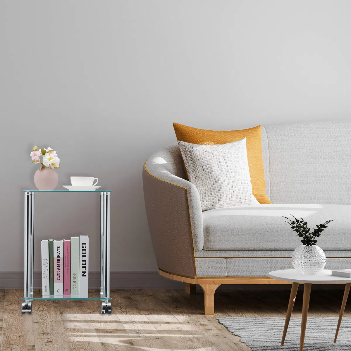 Relaxdays Tavolino con Ruote, 2 Ripiani, Quadrato, per Salotto, Vetro e Acciaio, Tavolo da Divano, Trasparente Argentato