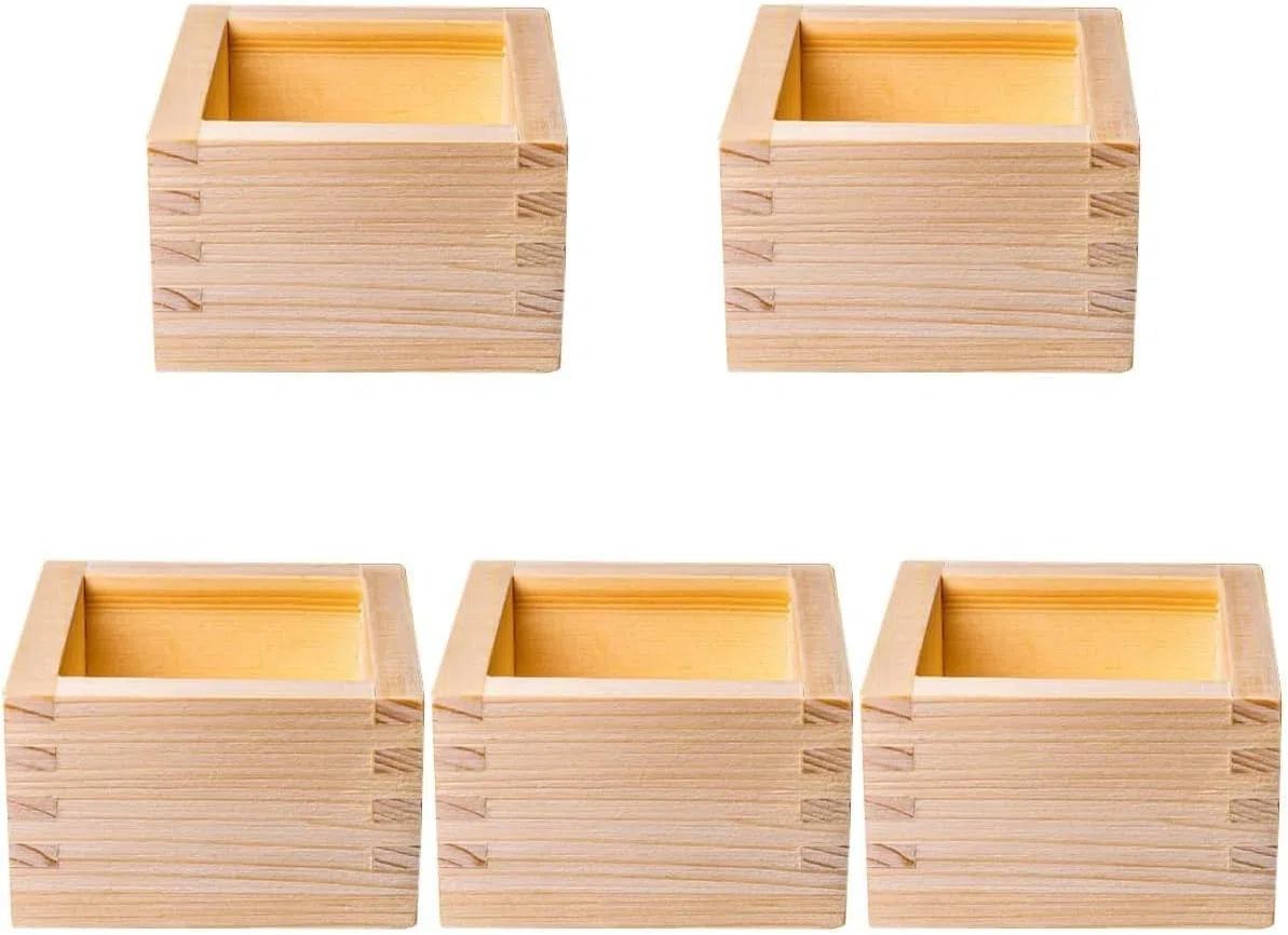 Tazze da sake in legno giapponesi, 5 pezzi, scatola per sakè in legno di cipresso Hinoki, scatola di stoccaggio in legno non finito