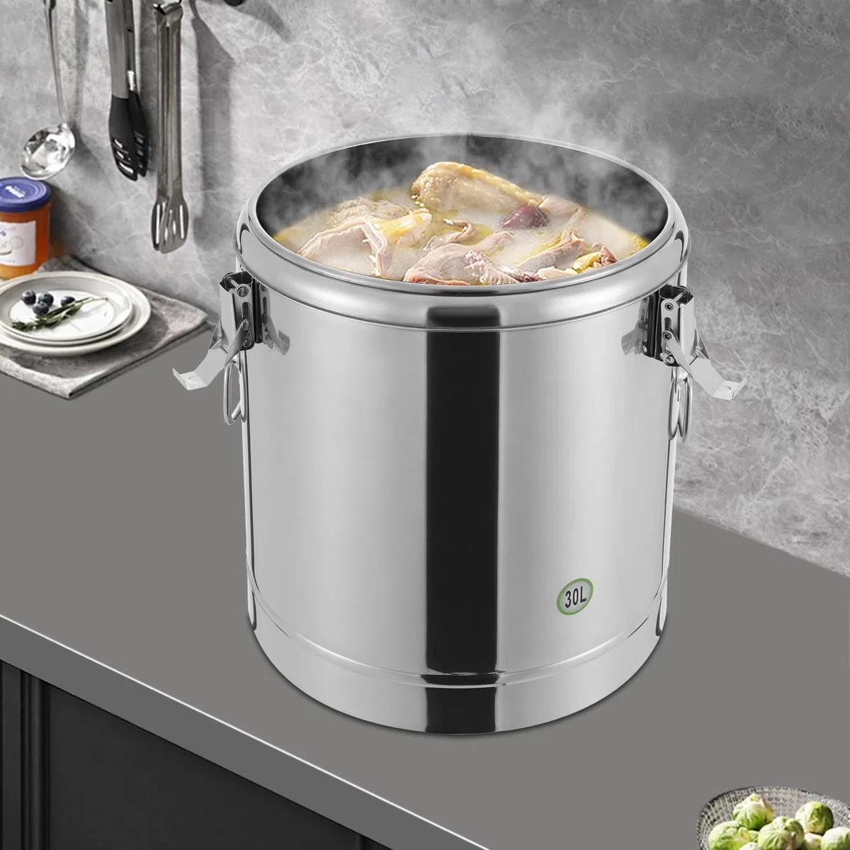 Trasporto, contenitore termico professionale, in acciaio inox, 20/30 l, con maniglie, coperchio con anello in gomma e chiusura di serraggio, grande pentola calda isolata (30 l)