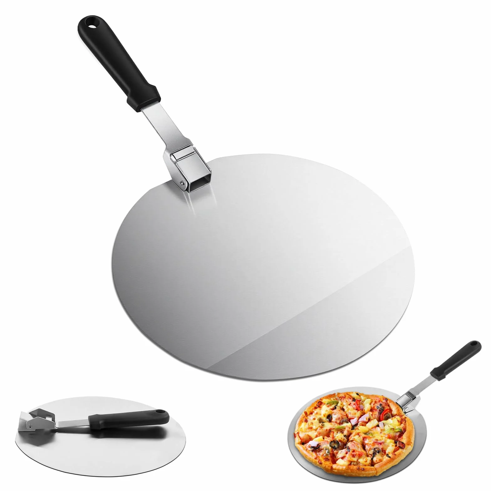 10 Pollici Pala per Pizza, Pieghevole Manico Spatola per Pizza, Acciaio Inossidabile Pala per Pizza Corta, Circolare Palino per Pizza Focaccia, Pane Grigliato, Torte (30.5 * 29.5cm)