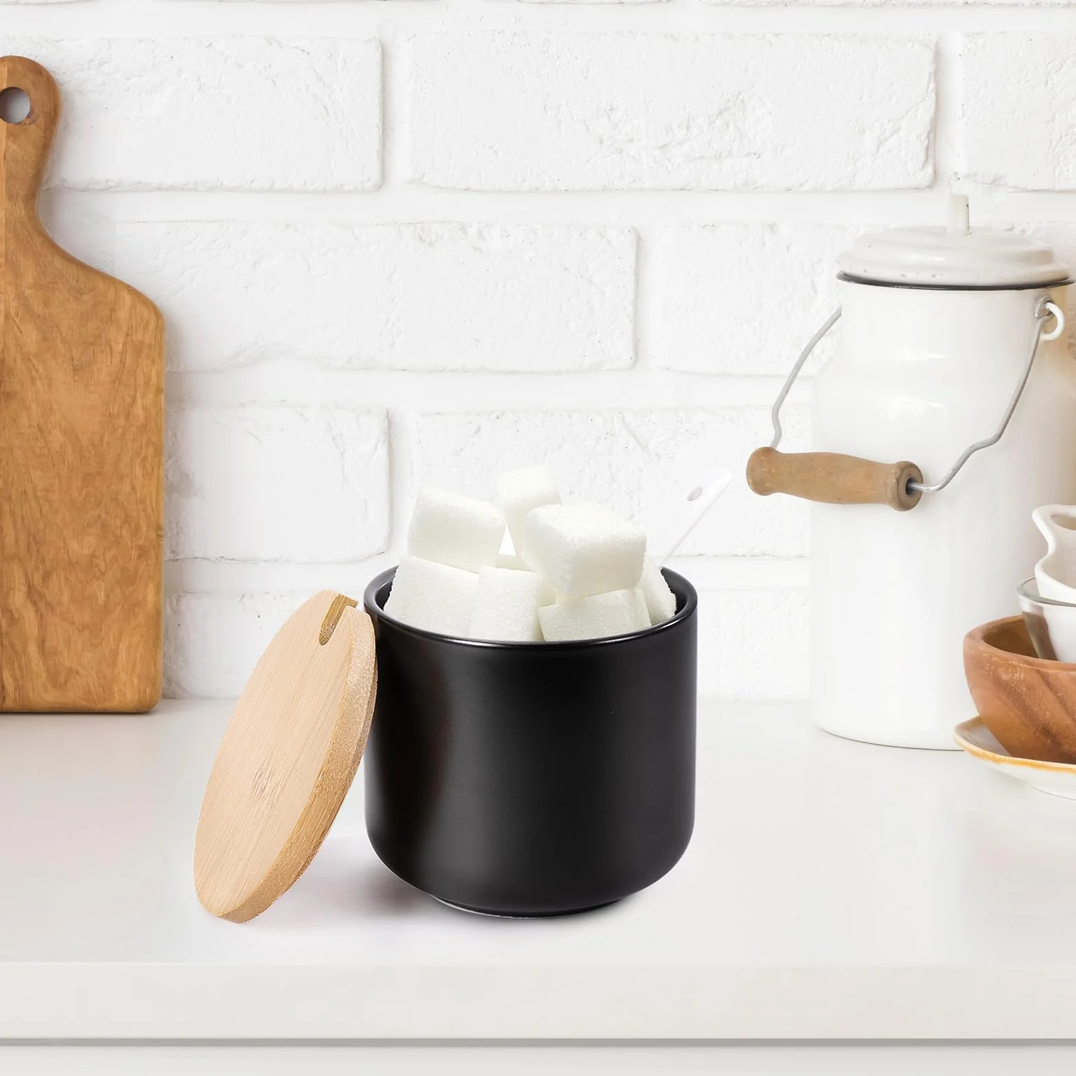 Zuccheriera con coperchio e cucchiaio, contenitore per zucchero, saliera con coperchio, dispenser per spezie, dispenser per zucchero, latte e zucchero