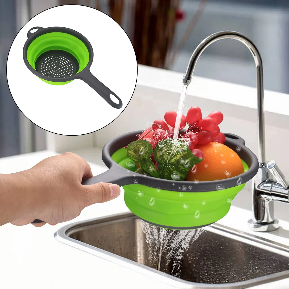 3 Pz Set Scolapasta Silicone Pieghevole, Filtro Cestino Cucina in Silicone con Manico, Filtro Colander Setacci Pieghevole per Drenante Frutta Verdura Pasta, Cucina, Domestica, Campeggio - Verde