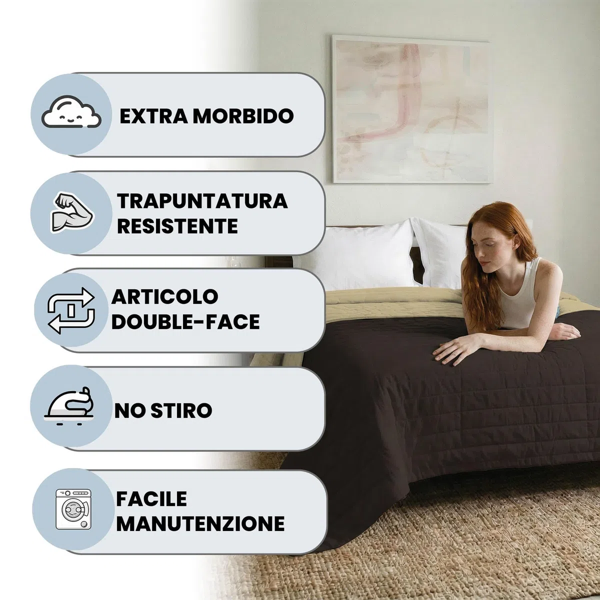 TRAPUNTINO ESTIVO ELEGANT NO STIRO - Made in Italy - Copriletto Matrimoniale 260x270 cm in Morbida Microfibra - Tinta Unita - DoubleFace - Trapunta 100 g - Marrone/Panna