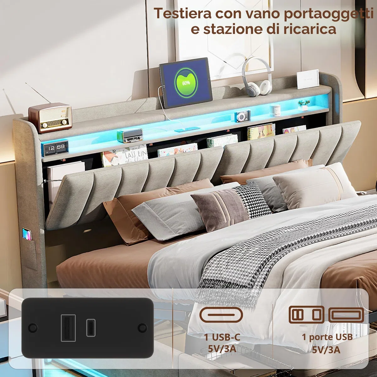 Letto Matrimoniale con Contenitore 160x200 cm,Letto Imbottito con LED e USB,Testiera con Funzione di Stoccaggio,Letto Baule 160 x 200 con Idraulico e Rete a Doghe,Velluto,Grigio
