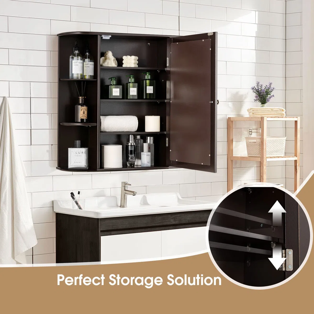 LIFEZEAL Armadietto a Specchio, Pensile a 1 Anta, per Bagno, 4 Ripiani e 6 Scomparti Aperti, Ripiani Interni Regolabili, Mobiletto da Parete, Salvaspazio, in Legno, 66x16,5x63 cm (marrone)