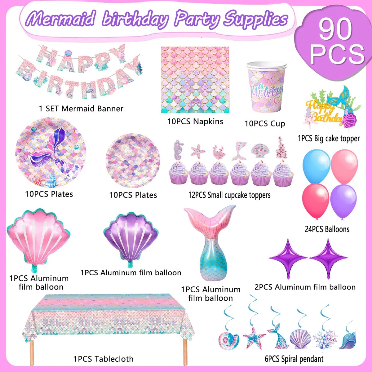 Articoli per Feste di Compleanno a Sirena,90 Pezzi Decorazione Festa Delle Sirene&Stoviglie per Feste a Sirena Set-Piatti di Carta a Sirena Tazza Tovaglie etc Forniture Decorative per Sirene