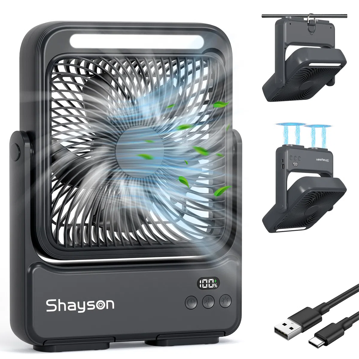Ventilatore Portatile 20000mAh Campeggio USB Ventilatore da Tavolo con Luce LED, 4 Velocità, 12-43 ore di Funzionamento, Smart Display, Riduzione del rumore, per Ufficio, Casa ed Esterno (Nero)