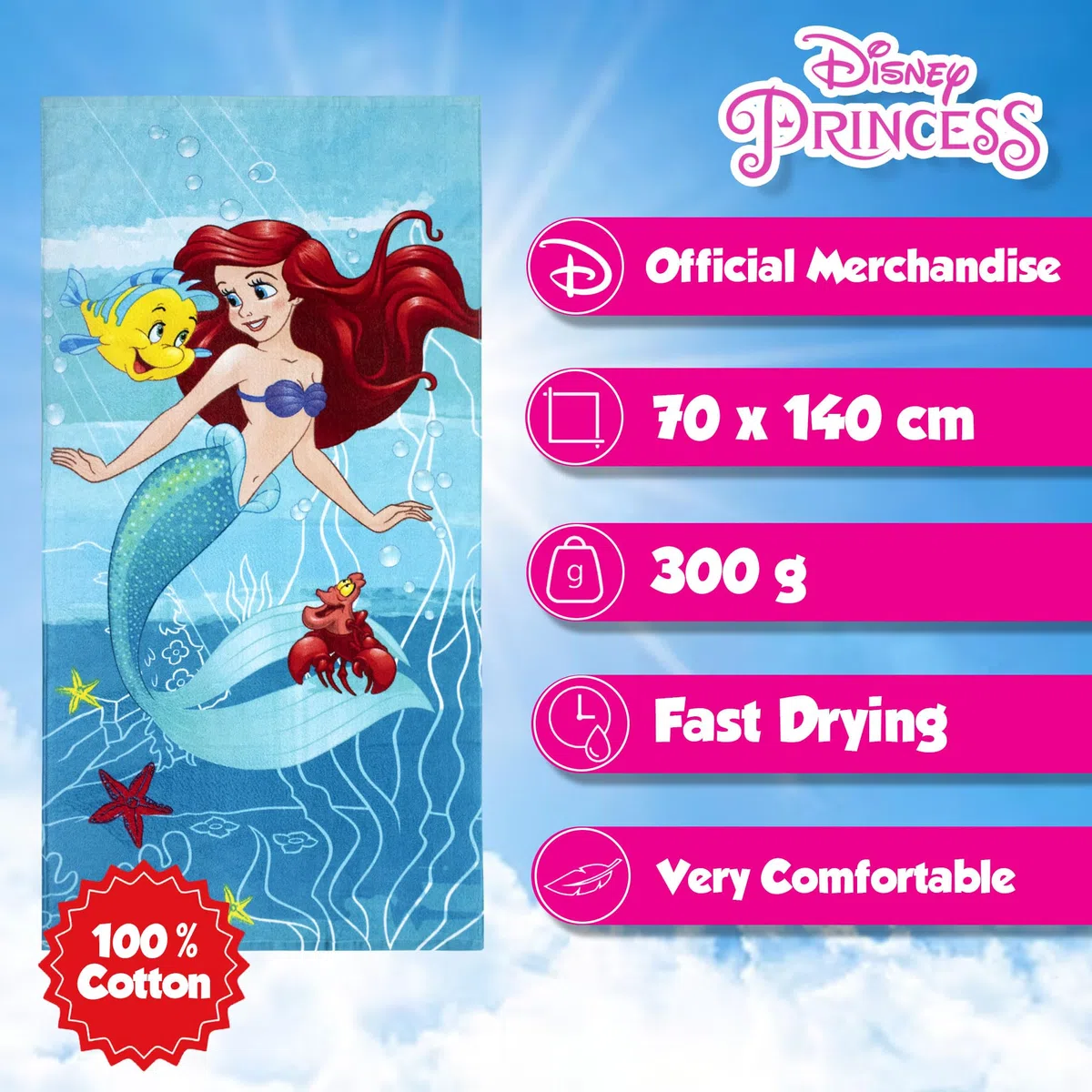 Jerry Fabrics Disney Arielle Telo da bagno, 70 x 140 cm