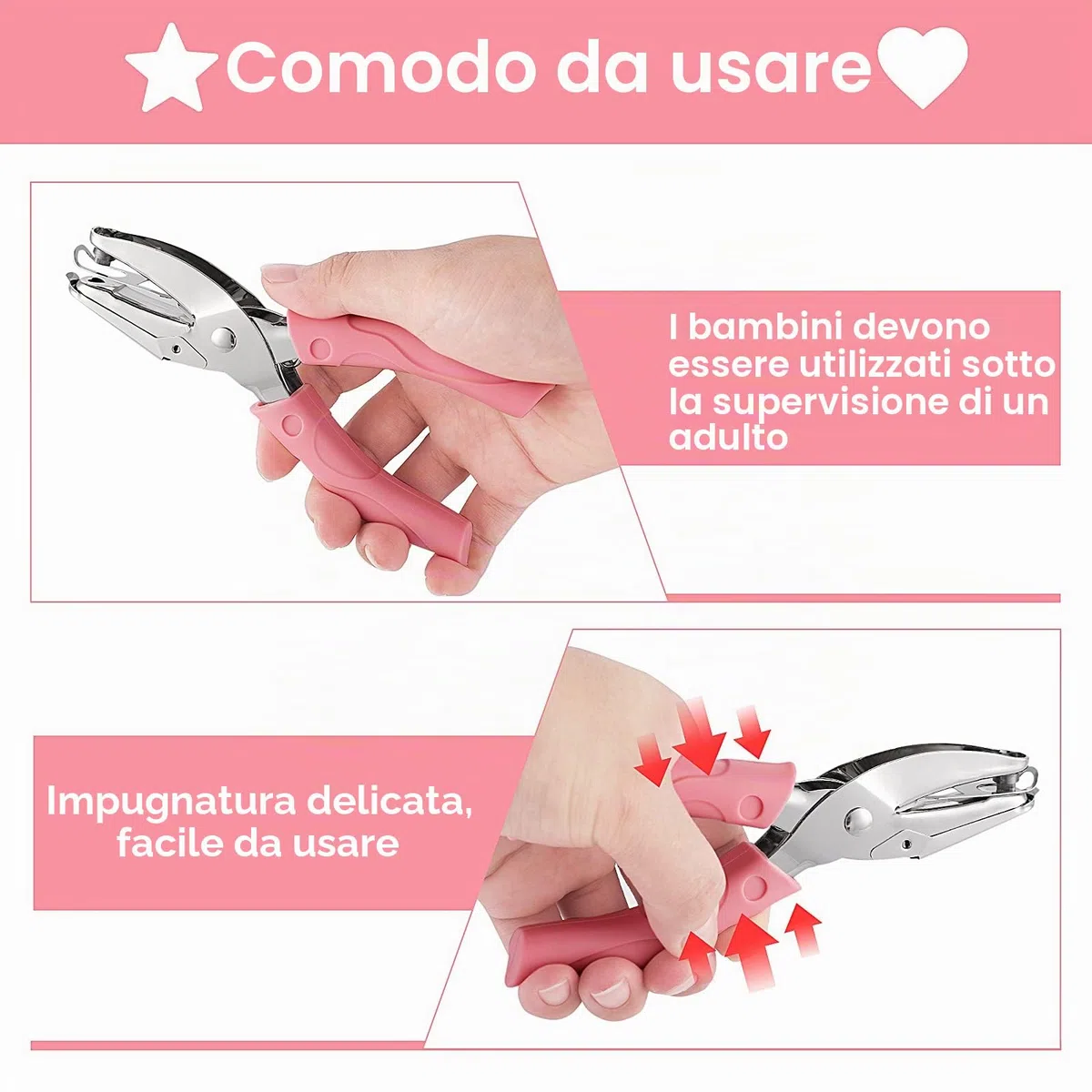 Aster 2PCS punzonatrice manuale per carta in metallo, punzonatrici con impugnatura morbida a forma di cuore/stella, punzonatrice per etichette fai-da-te, abbigliamento, biglietti, strumento per