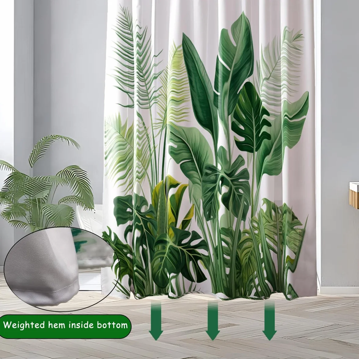 JINGYOU Tenda Doccia Impermeabile Antimuffa, Pianta a Foglia Verde, Lavabile, Orlo Pesato, per Bagno Dormitorio Famiglia Hotel, 180 x 180 cm
