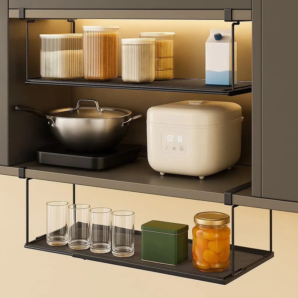 Organizer espandibile sotto gli armadietti, cestino sotto la mensola, organizer dispensa multifunzionale,da 38 a 70 cm, per riporre in cucina, camera da letto e ufficio(Nero)