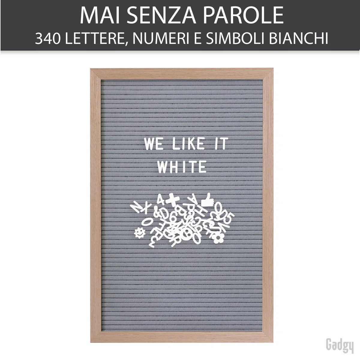 Gadgy Lavagna in Feltro Retrò Grigia 510 Lettere Oro Argento e Bianche – Cornice in Legno Nera per Messaggi Citazioni e Decorazioni da Parete, 30x45 cm