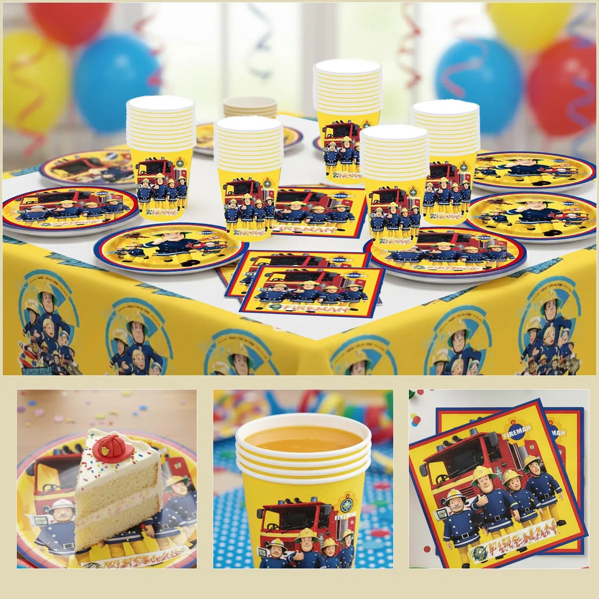 69 Pezzi Pompiere Stoviglie Compleanno，Pompiere Kit Festa Compleanno，Tovaglioli, Piatti di Carta, Bicchieri di Carta, Tovaglia, Perfetto per 16 Persone