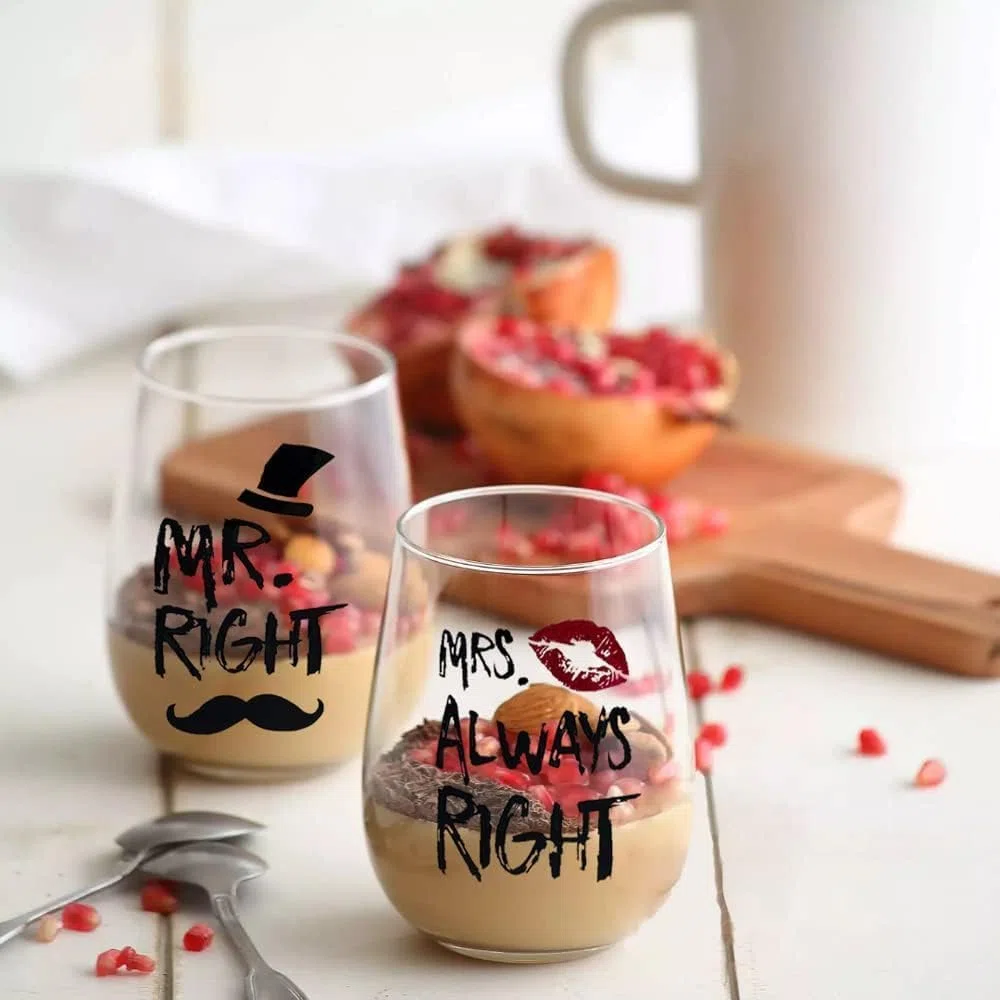 Mr Right e Mrs Always Right bicchieri da vino per coppie, regalo di coppia, regali di nozze per la sposa e lo sposo, regalo di fidanzamento, set di bicchieri da vino senza stelo