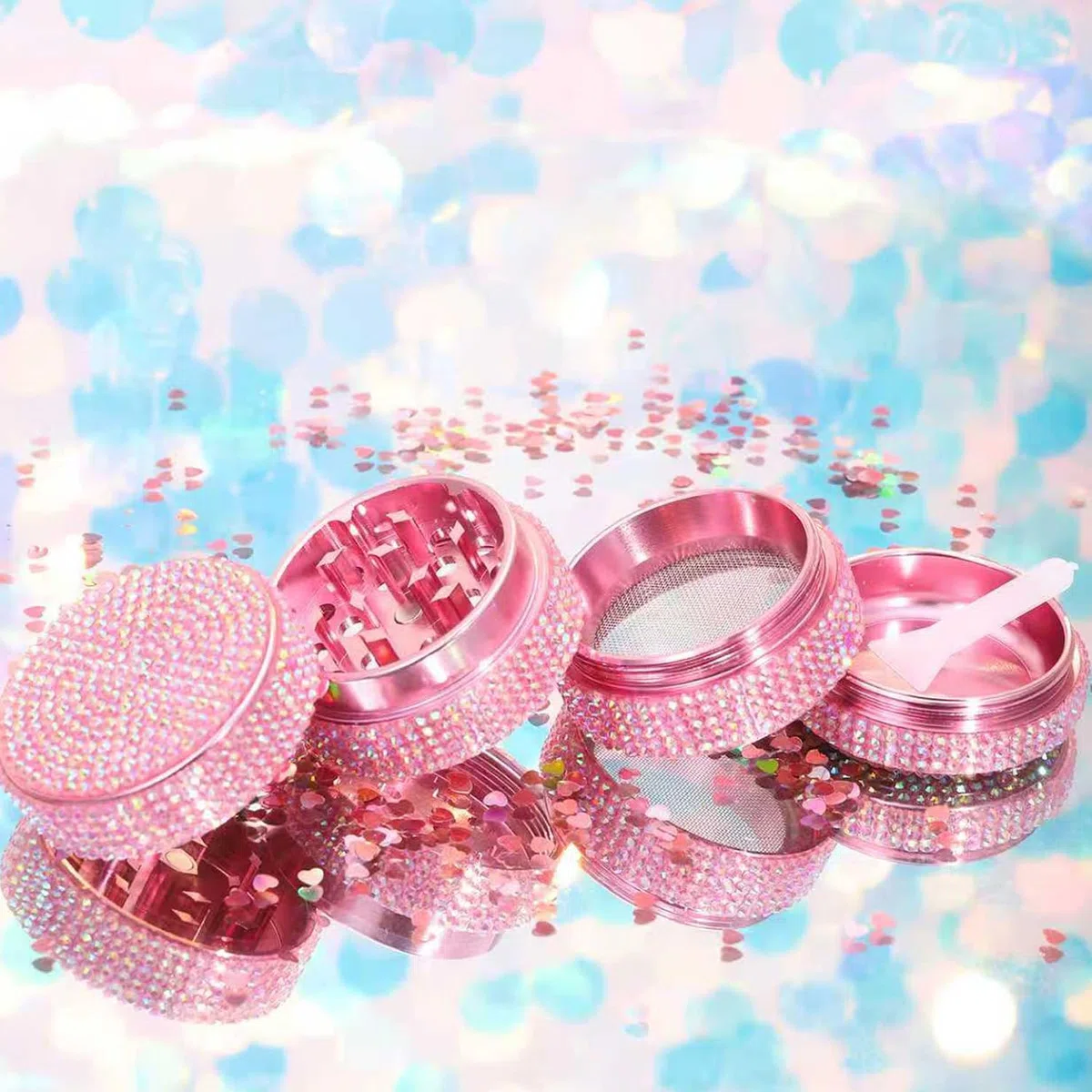 Macinino per Erbe in Alluminio - Macinino a Diamante da 50mm per Erbe Secche e Spezie, Macinino in Metallo a 4 Parti con Raccoglitore di Polline (Rosa)