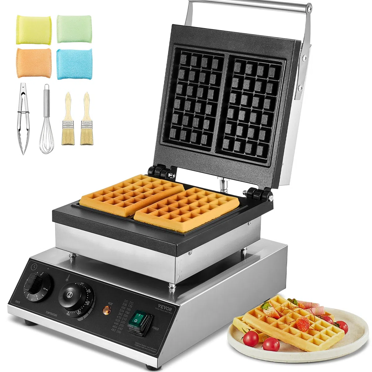 VEVOR Macchina per Waffle Commerciale, 2 Pezzi per Waffle Belga Rettangolare in Acciaio Inox Antiaderente 2000 W con Controllo Temperatura Tempo, Maniglia, per Ristorante, Panetteria, Snack Bar