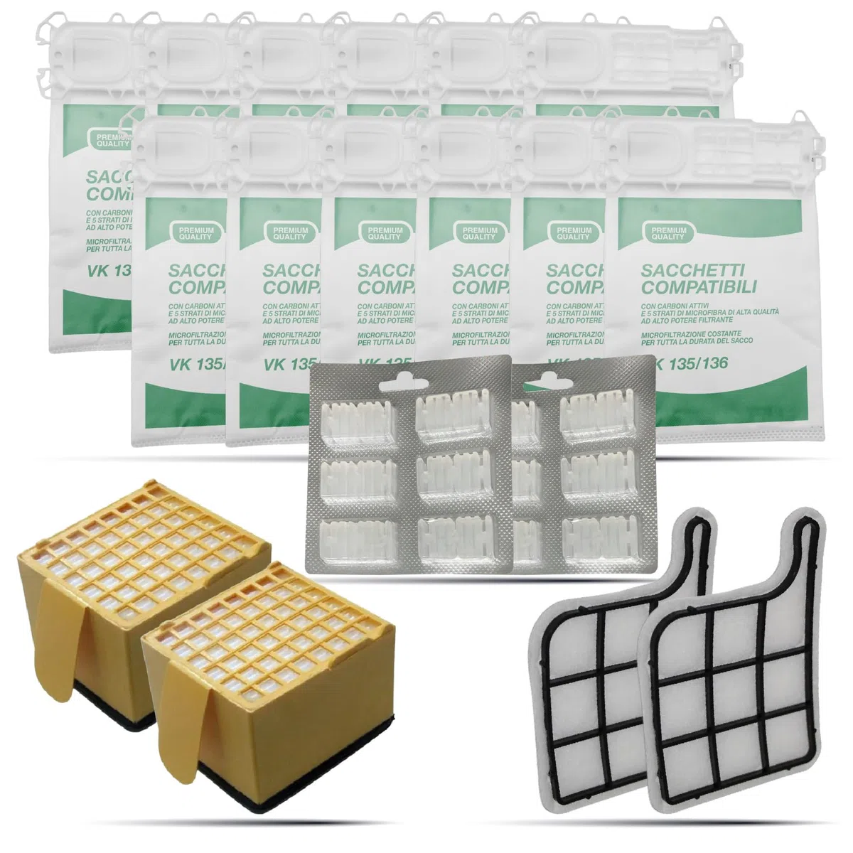 Kit Risparmio 12 Sacchetti Folletto VK135 VK136, 12 Profumi, 2 filtri HEPA, 2 Filtri Griglia Motore | Ricambi Compatibili per Folletto 135/136 | Soluzione Tutto-in-Uno per Casa Pulita e Ordinata