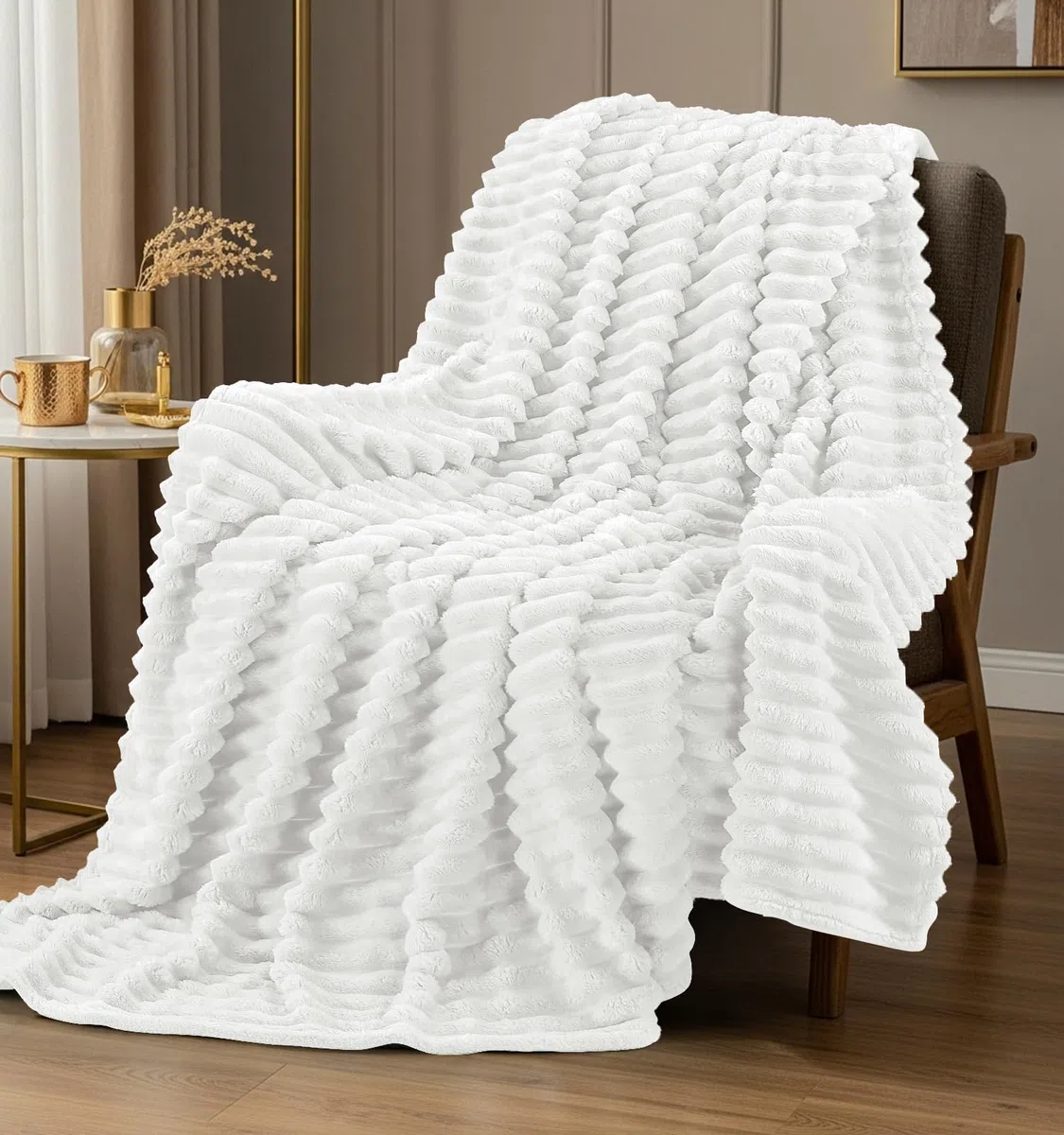 Utopia Bedding Plaid Polare a Righe, Leggero e Morbido, Adatto a Tutte le Stagioni, per Letto, Divano o Poltrona [150x200 cm, Bianco Panna]