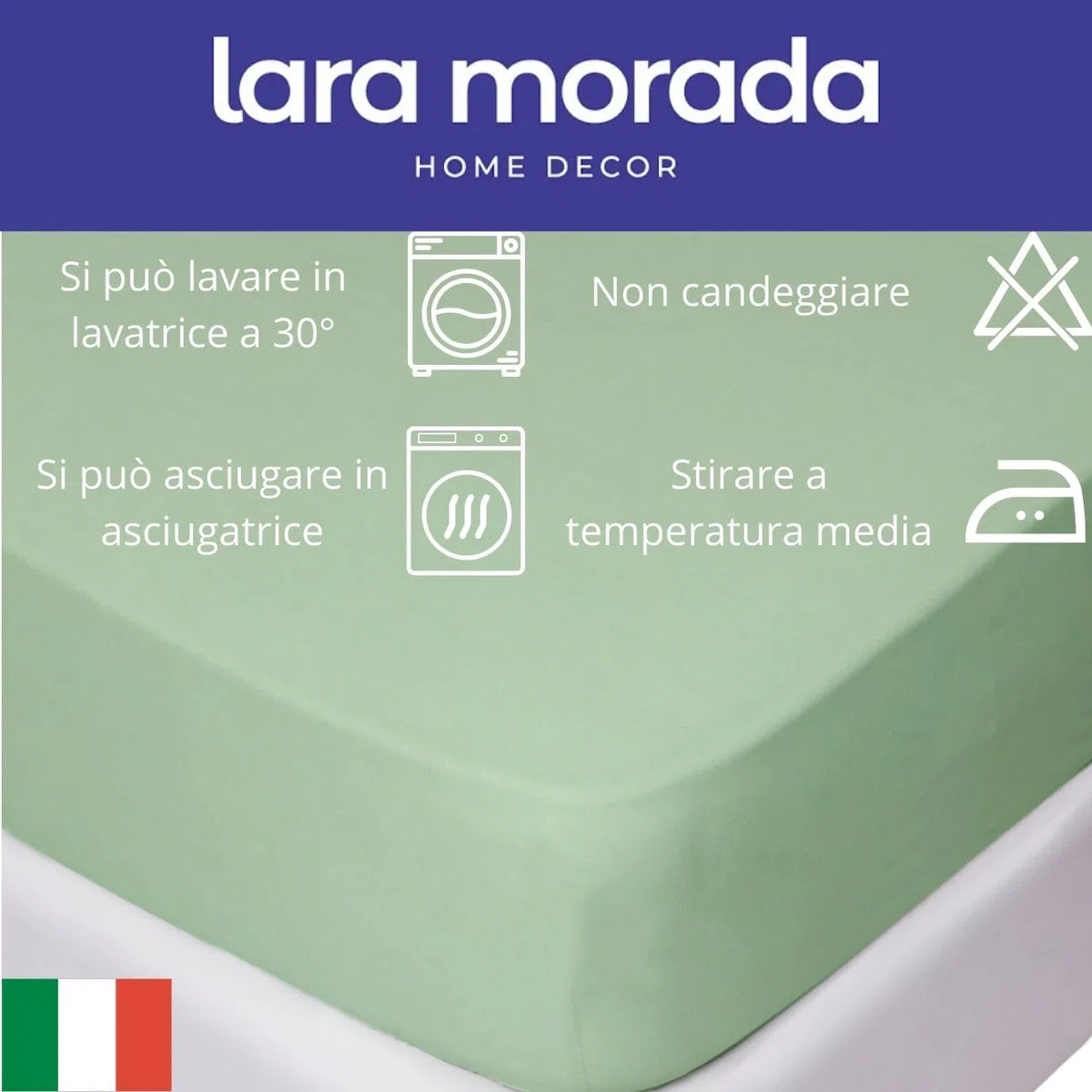 LARA MORADA - Lenzuolo Sotto Con Angoli Matrimoniale Elasticizzati, 100% Cotone, Made In Italy, Tinta Unita, Per Letto Matrimoniale 2 Posti, 180cmx200cm + 25cm, Verde Salvia