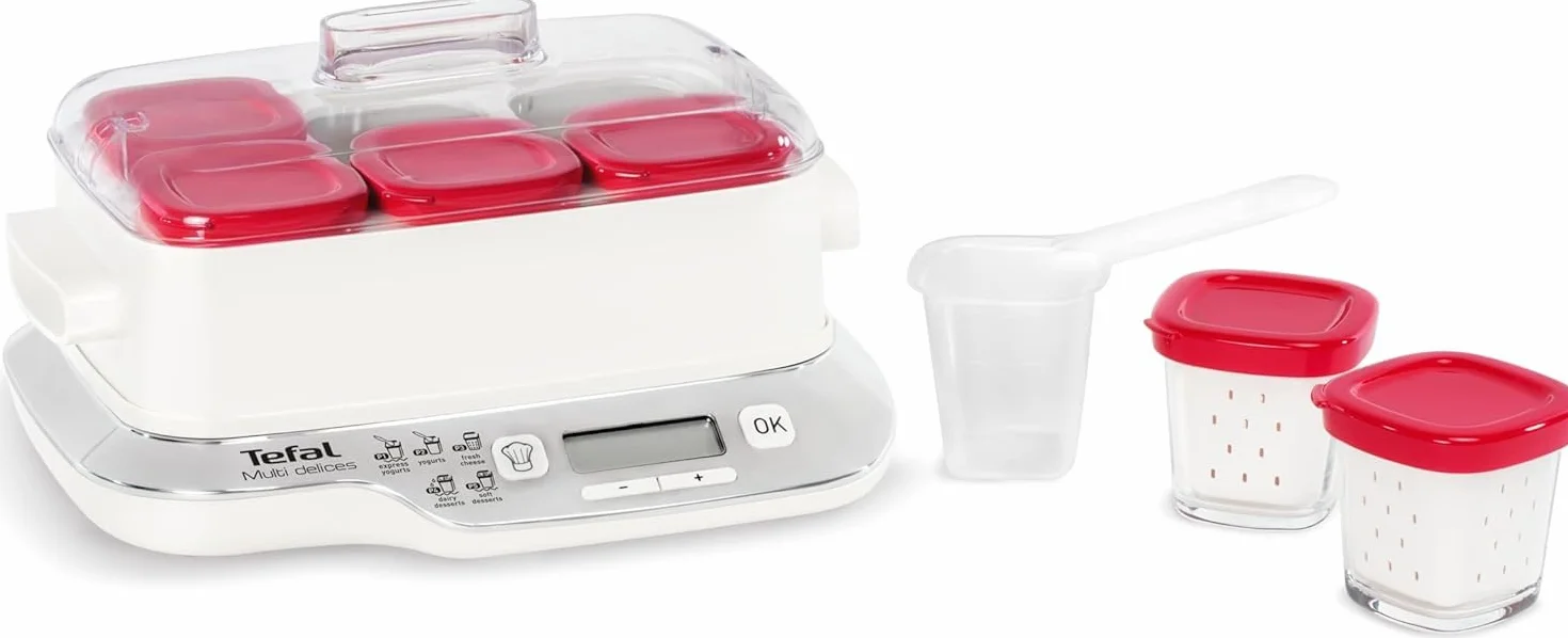 Tefal Multi Delices Express, yogurtiera, 6 barattoli, rosso, yogurt fatto in casa, 5 programmi automatici, dessert lattiginosi, formaggi bianchi e dolci soffici, vasetti da 140 ml, 100% senza BPA
