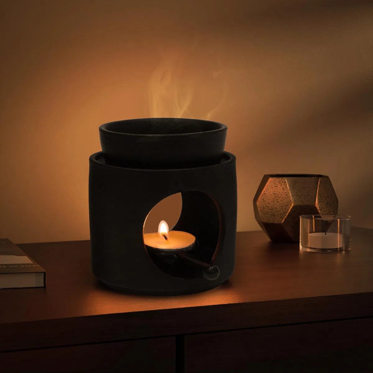 WD&CD Bruciatore di Oli Essenziali, Brucia Essenze Ceramica Bruciatori per oli Essenziali Aroma Lamp Porcellana Portacandele Decorazione per Casa Camera da Letto/Decorazione, Nero