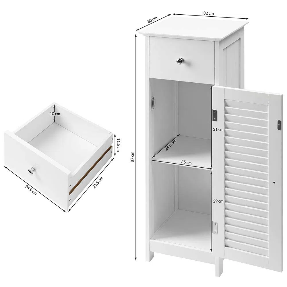 BAKAJI Mobile a Colonna per Bagno con Anta Cassetto e 2 Ripiani Interni Mobiletto Armadietto in Legno MDF Colore Bianco Dimensione 32 x 30 x 87 cm
