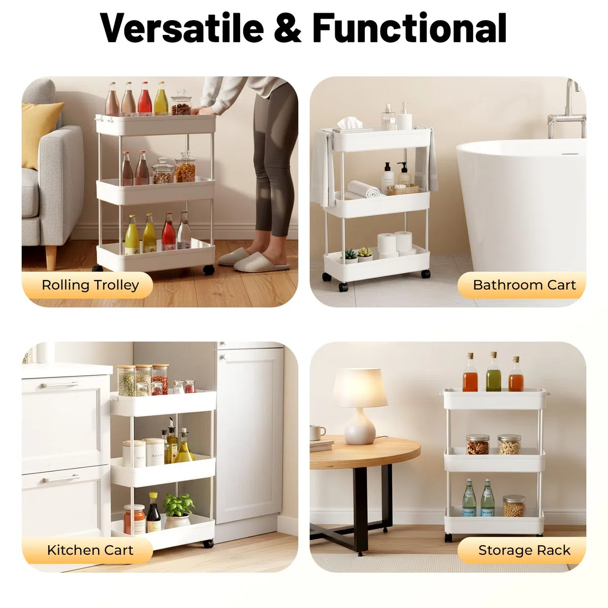 Carrello a rotelle a 3 livelli su ruote, per cucina, bagno, lavanderia, ufficio, pratico carrello da portata portatile