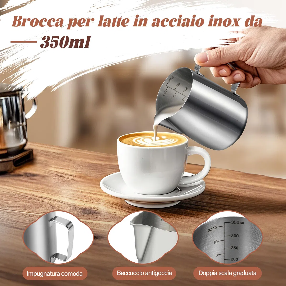 Bricco Latte 350ml in Acciaio Inox, Pentolino Latte con Segno di Misurazione Montalatte Brocca In Schiuma per la Preparazione di Cappuccino, Espresso, Latte Art