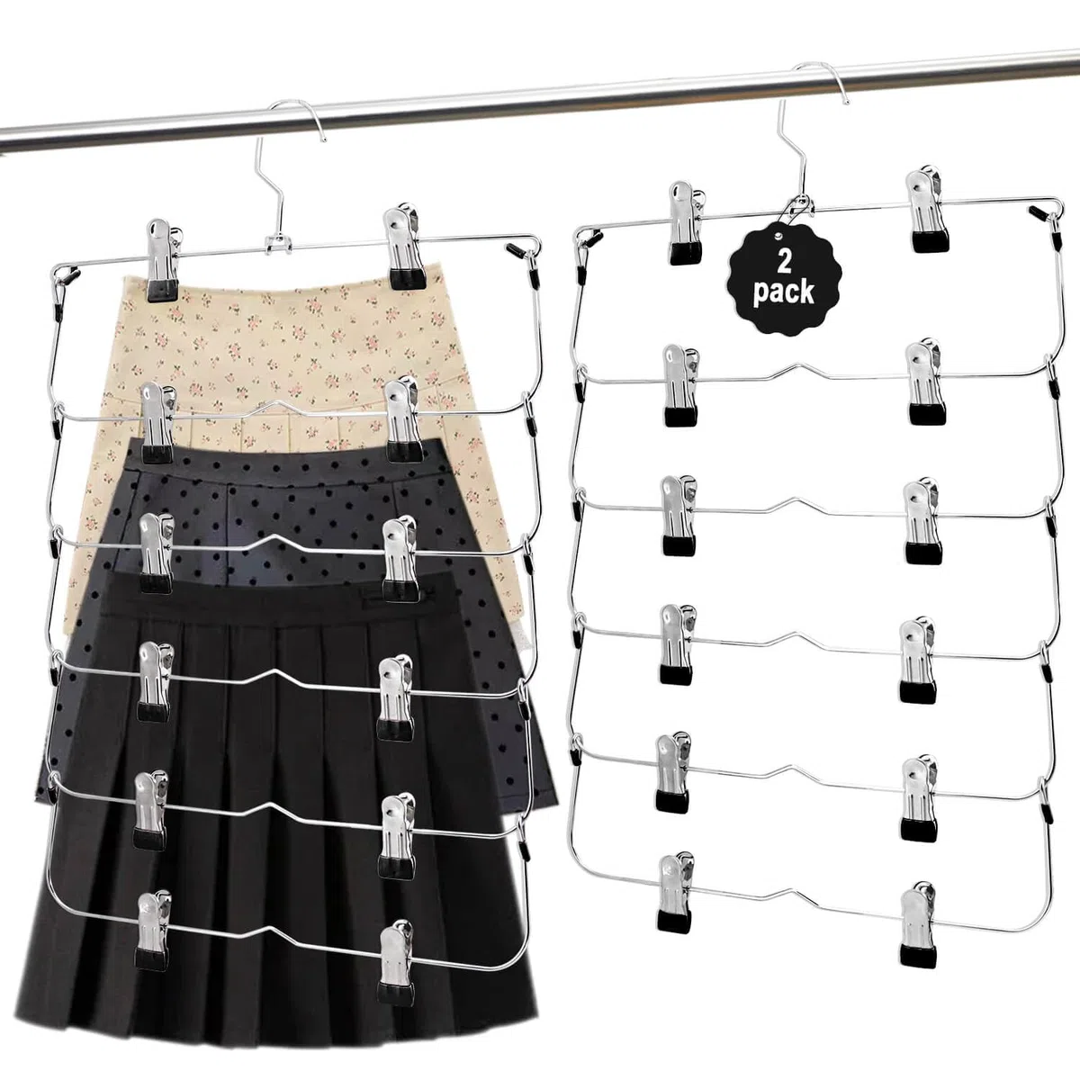 Grucce per gonne e pantaloni, con clip, a 6 livelli, salvaspazio, in metallo, antiscivolo, organizer per armadio e per riporre vestiti, pantaloncini (2, nero)