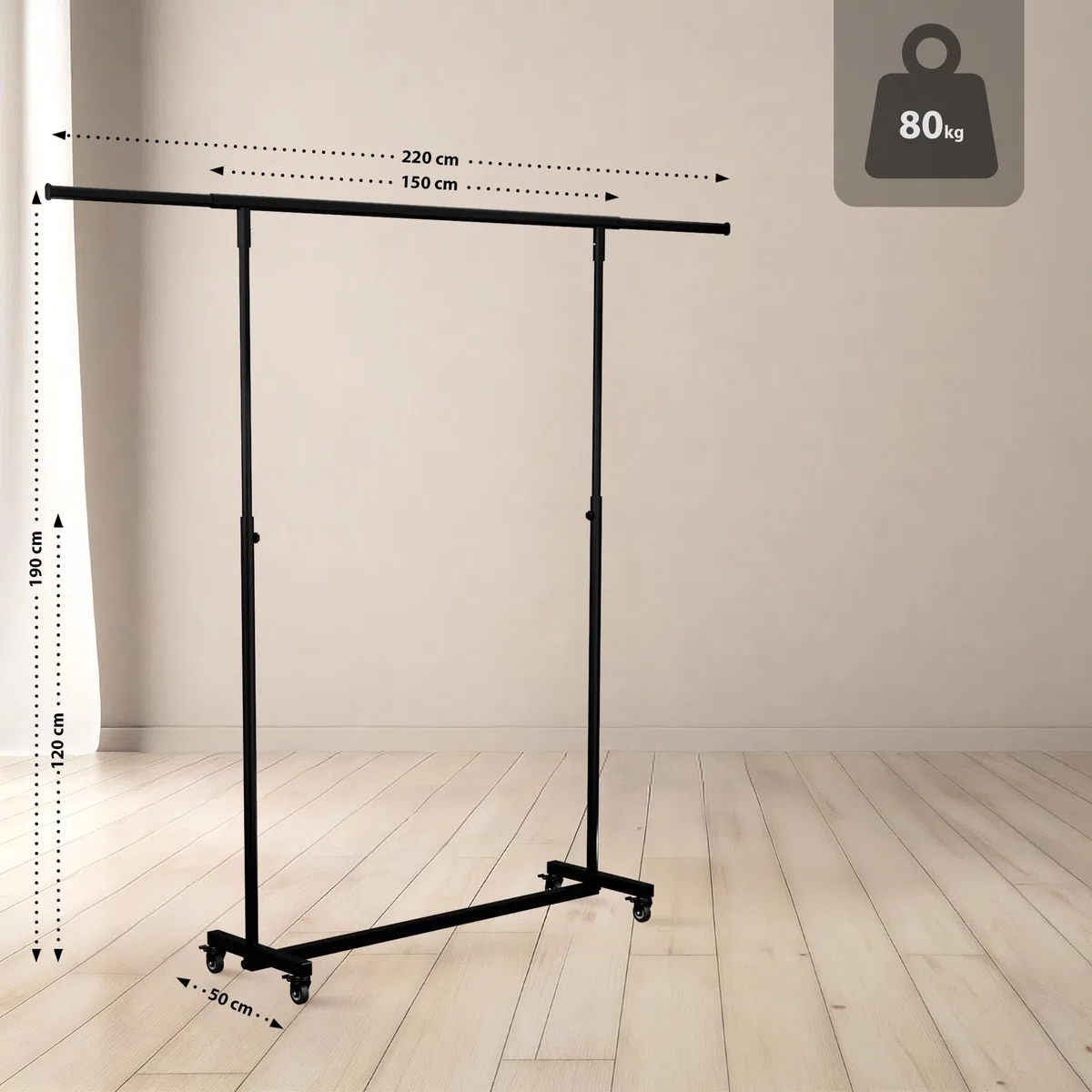 CLP Appendiabiti con Ruote Stabile Soran, Asta Regolabile in Altezza e Pieghevole, Stand Appendiabiti Metallo Nero Dimensione 150x50x188 cm