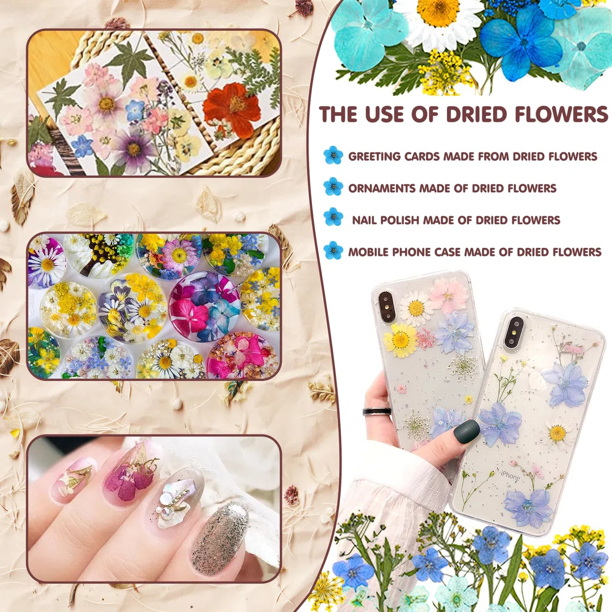 Vautvi 159 Fiori Secchi Per Resina, Candele, Unghie, Decorazioni e Scrapbooking - Con Pinzetta, Veri Pressati, Composizione Fai Da Te