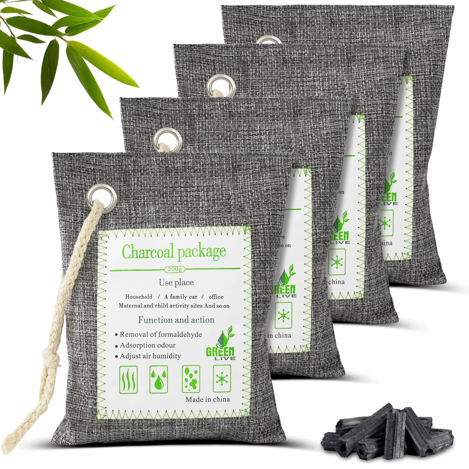 HOTUT Sacchetti di Carbone di Bambù per La Purificazione Dell'aria, 4 Confezioni da 200g Sacchetto Deodorante Naturale, Elimina Gli Odori al Carbone Attivo per Auto, Armadi, Bagni e Aree Animali