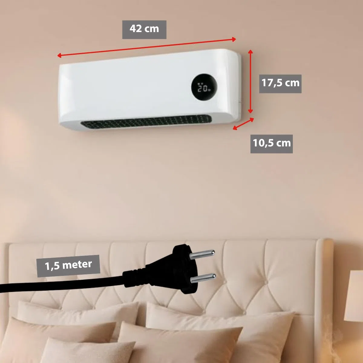 alpina Termoventilatore da parete 2000 W, in ceramica, con 2 livelli di potenza e timer, termostato digitale