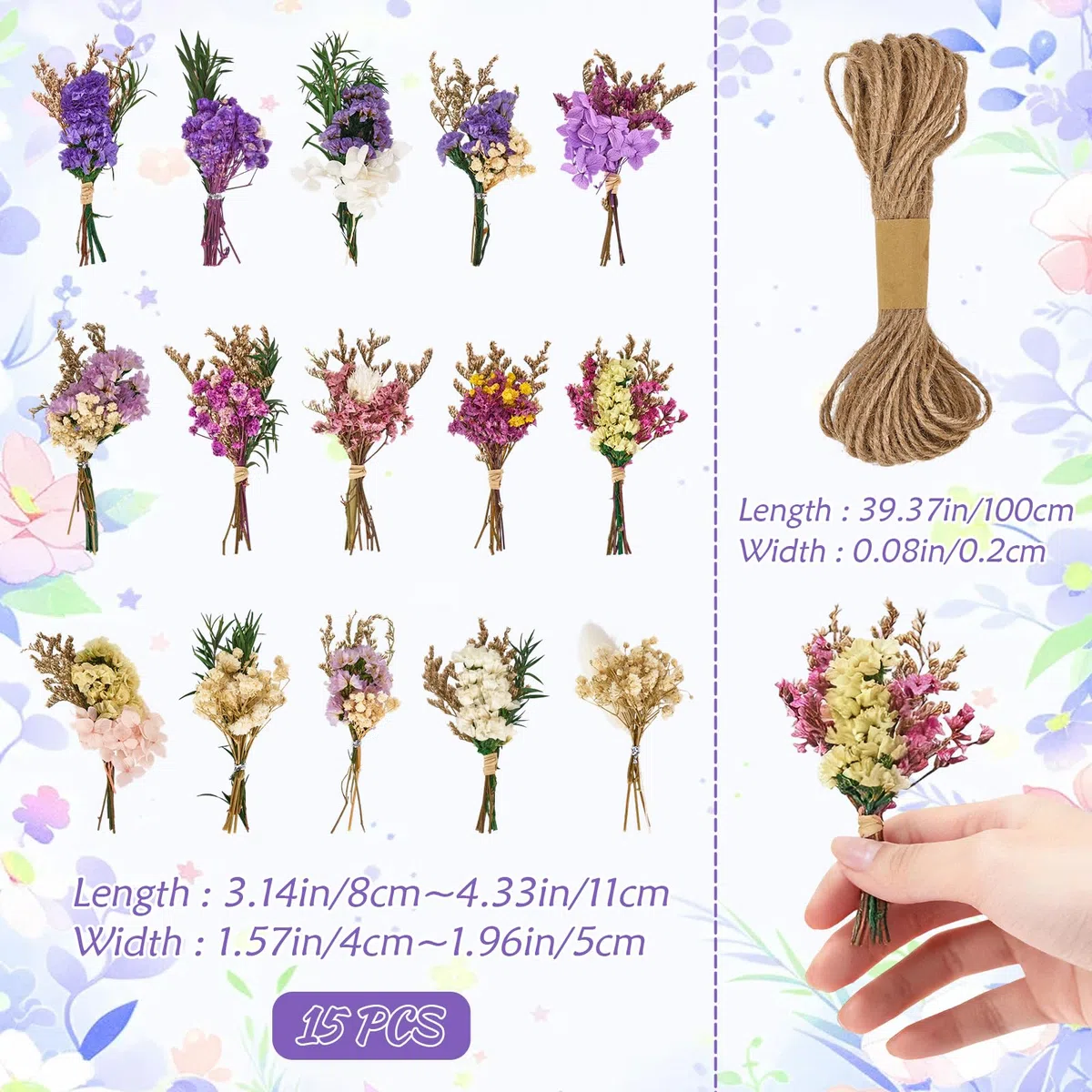 15 Fascetti di Mini Fiori Secchi Decorativi, Bouquet di Fiori Secchi Naturali e Perenni, Fiori Secchi, per Decorazione da Tavolo per Matrimonio, Decorazione per Libreria per Casa e Fai da Te