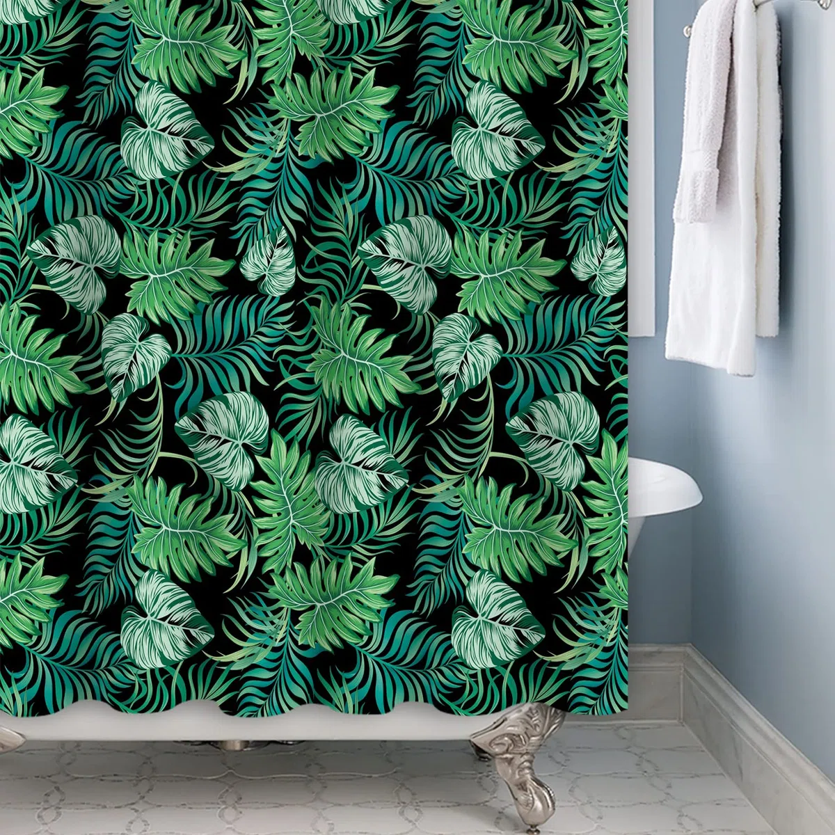 Foglie Verdi Tenda da Doccia 180x200cm Foglia di Palma Botanico Pianta Tropicale Design Moderno Decorativo Impermeabile Lavabile in Poliestere Tende da Bagno con 12 Ganci per Vasca da Bagno