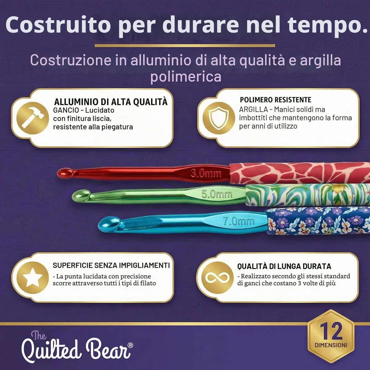 The Quilted Bear Uncinetti Set da 12 - Kit Uncinetti Ergonomici - Presa Morbida in Argilla Polimerica - Uncinetto Principianti e Professionisti - Motivo Floreale Colorato (Misura da 2 mm a 8 mm)